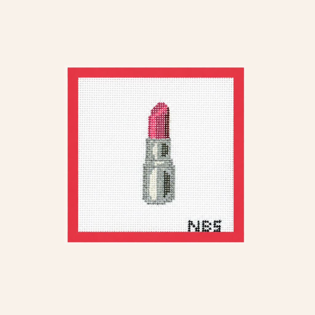 Full view of the hand-painted Pink Lipstick needlepoint canvas