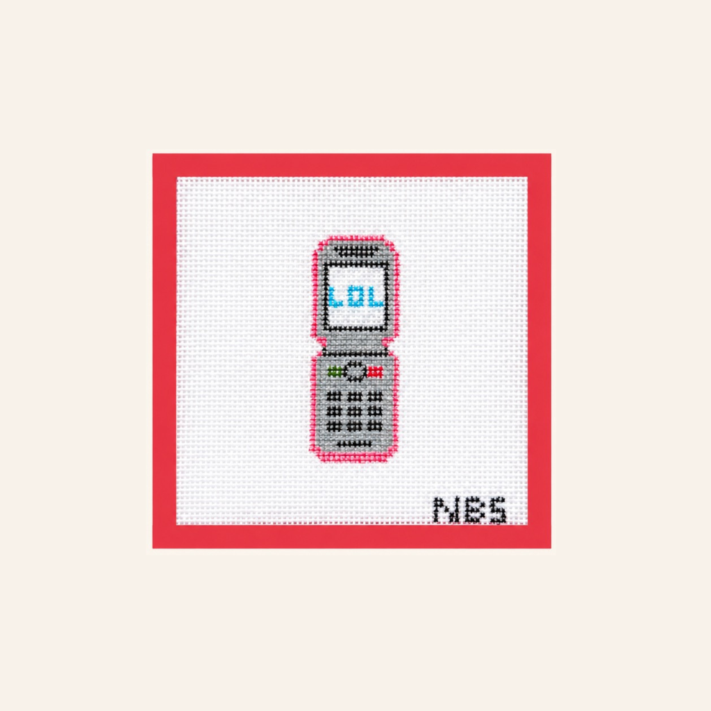 Full view of the hand-painted Mini Mobile flip phone needlepoint canvas