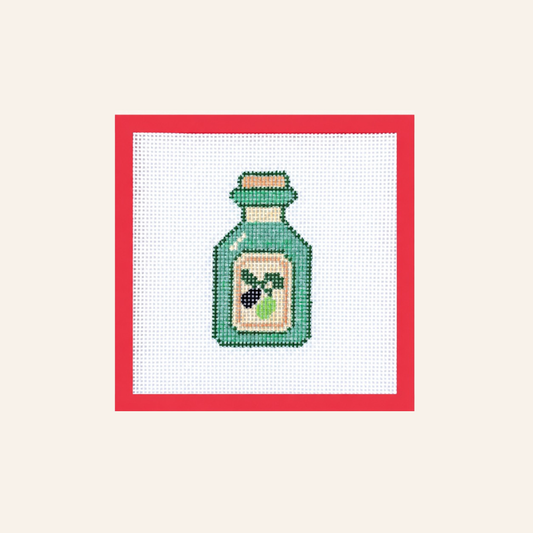 Hand-painted Olive Oil bottle needlepoint canvas on 13-mesh canvas with a red taped border.