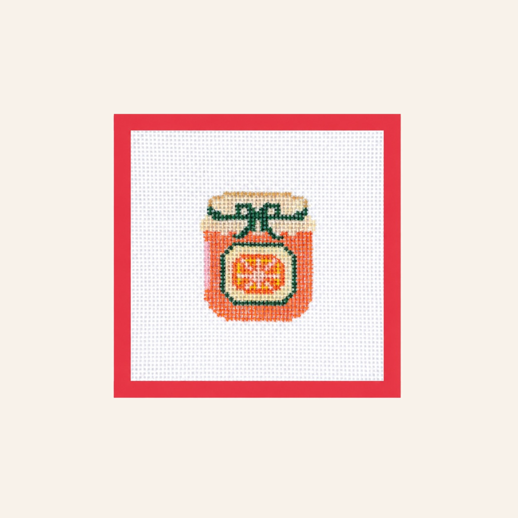 Hand-painted Orange Marmalade needlepoint canvas on 13-mesh canvas with a red taped border.