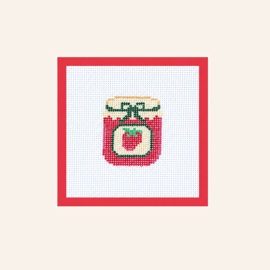 Hand-painted Strawberry Jam needlepoint canvas on 13-mesh canvas with a red taped border.
