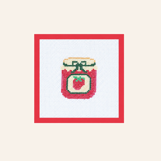 Hand-painted Strawberry Jam needlepoint canvas on 13-mesh canvas with a red taped border.