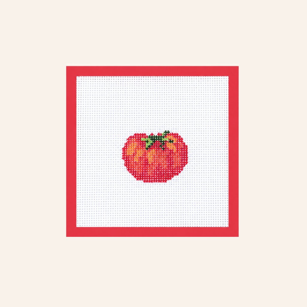 Hand-painted tomato needlepoint canvas on 13-mesh canvas with a red taped border.