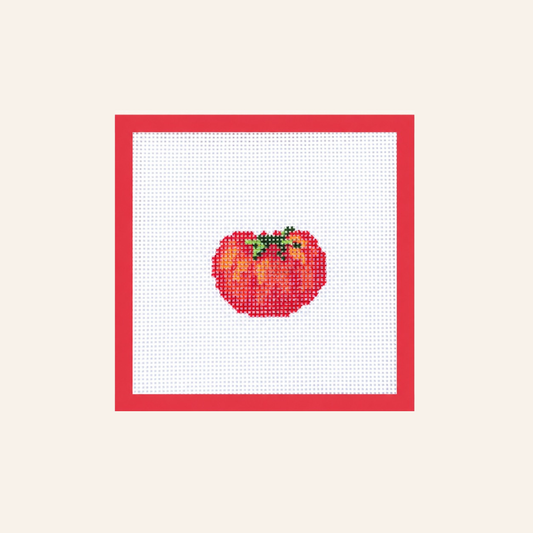 Hand-painted tomato needlepoint canvas on 13-mesh canvas with a red taped border.